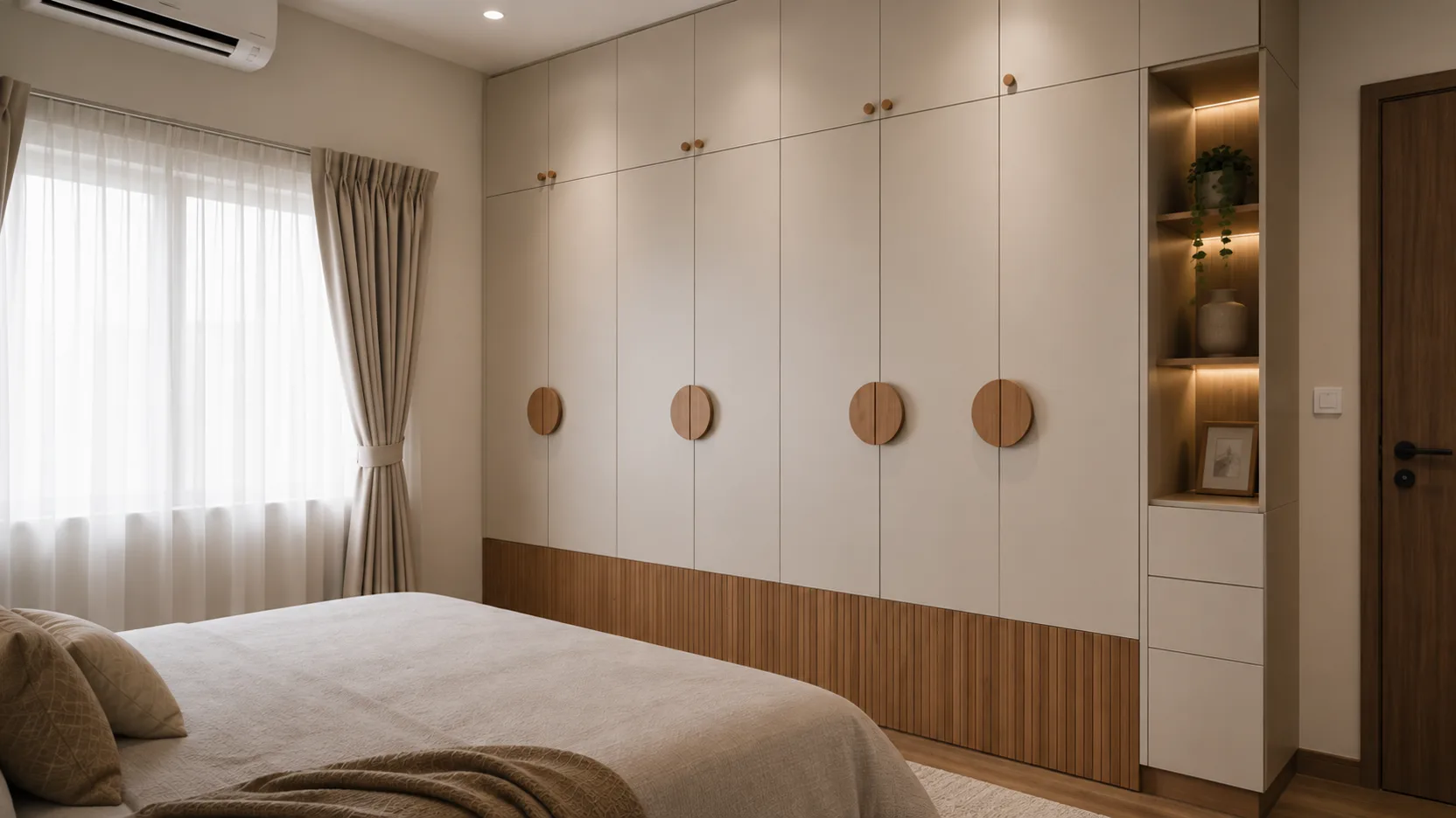 Bespoke bedroom wardrobe with fluted wood panelling and concealed lighting